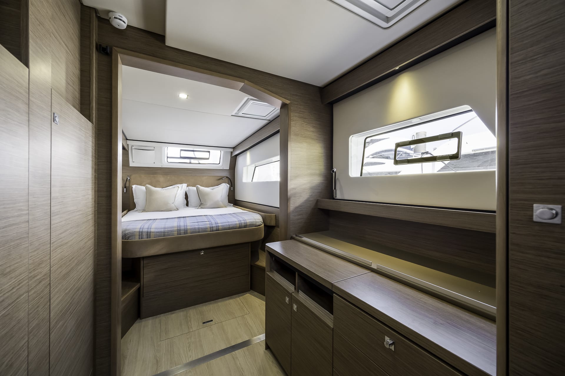 Luxury double cabin on Seven Days catamaran available for private yacht charters in Poole.